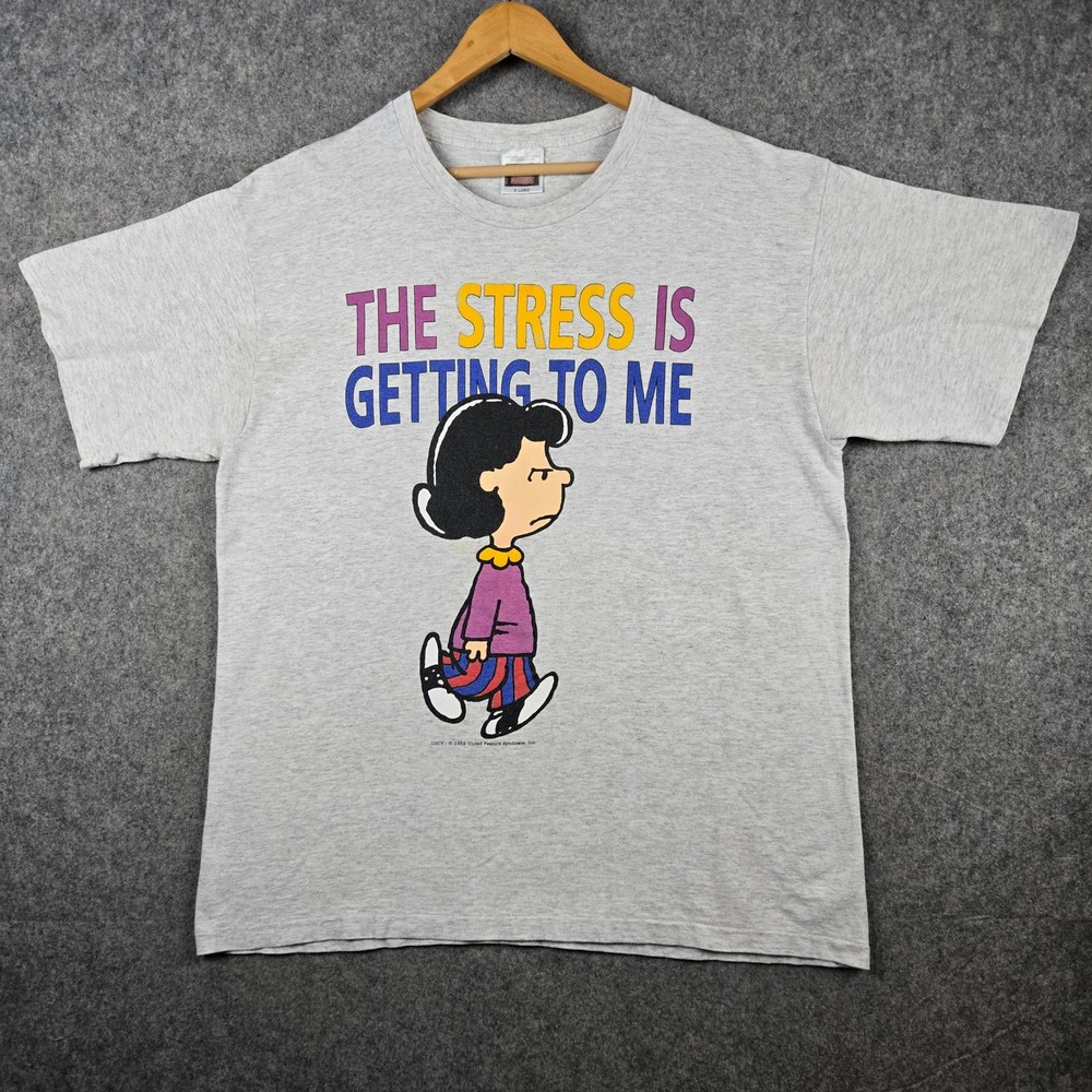 Vintage Peanuts T Shirt Mens XL Gray Lucy The Stress Is Getting To Me 90s Tultex